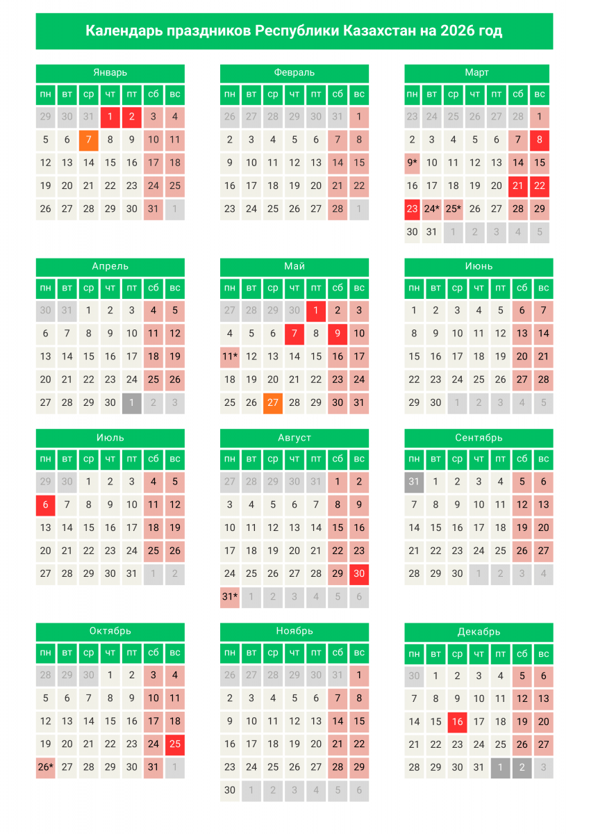 Праздничные и выходные дни в Республике Казахстан в 2026 году